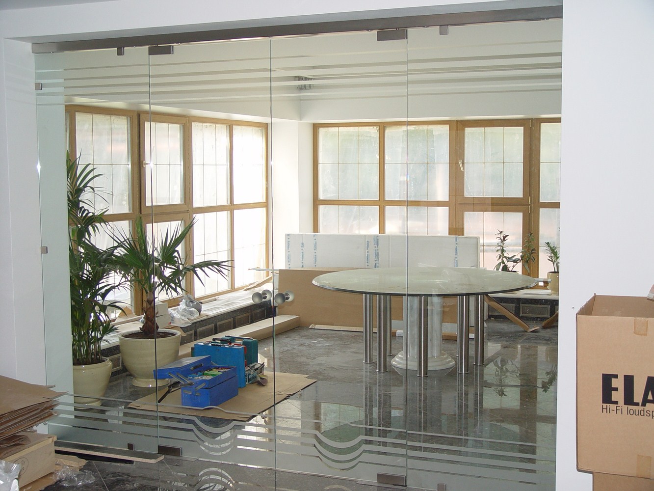 Маятниковые двери стеклянные с пескоструйным рисунком